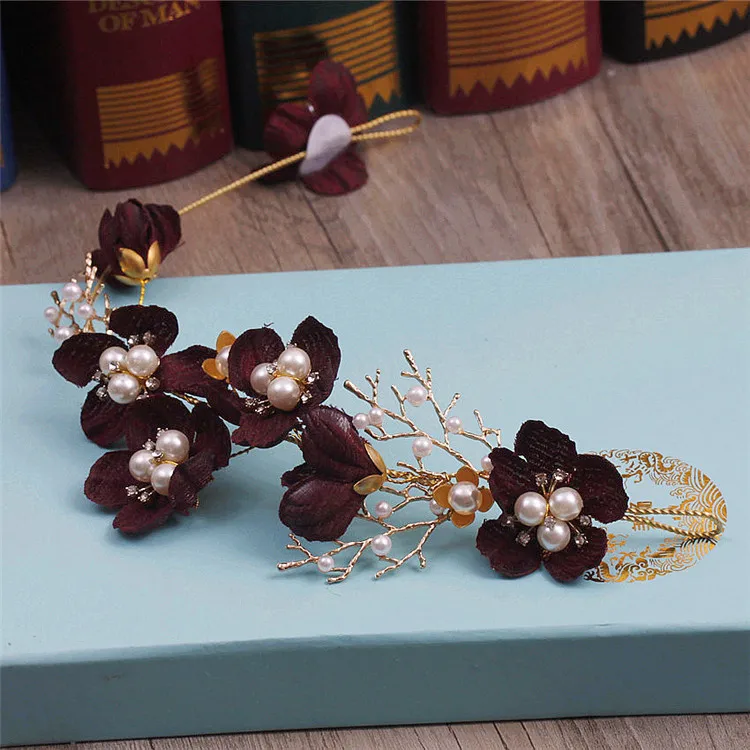 Темно-красный цветочный головной убор для невесты длинная гибкая тиара