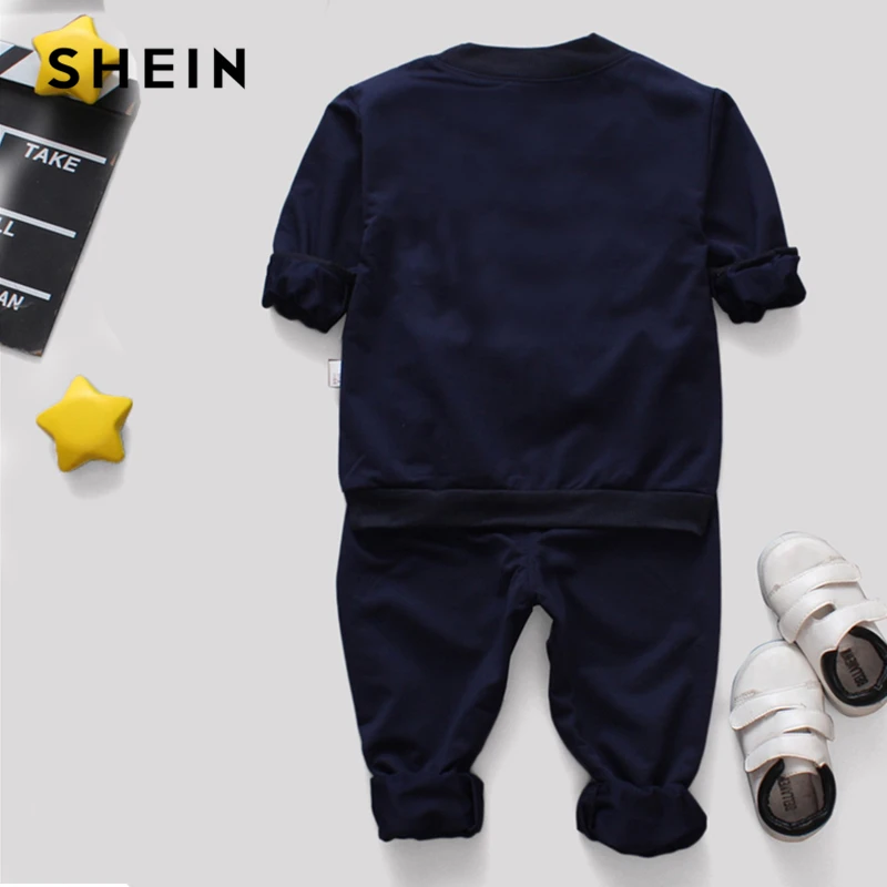 SHEIN Kiddie, темно-синий топ с геометрическими буквами и штаны для маленьких мальчиков детская одежда из двух предметов г. Весенний повседневный костюм с длинными рукавами
