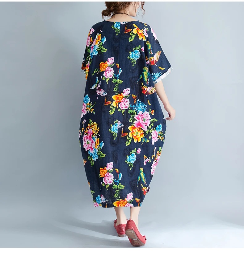 Lagenlook хлопок и лен цветочный джемпер средней длинное платье дамы 2018 Лето 4xl-6XL плюс
