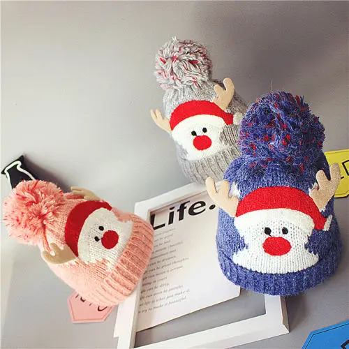 Рождественская теплая зимняя вязаная шерстяная шапка для маленьких девочек и