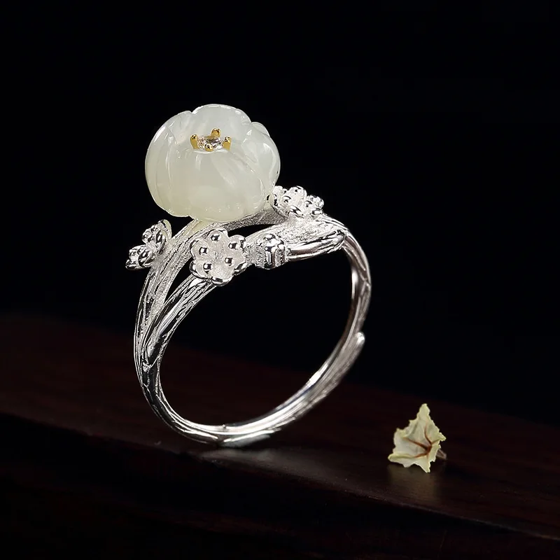 S925 pure silver natural Hetian white saic plum blossom lady high-end open ring | Украшения и аксессуары