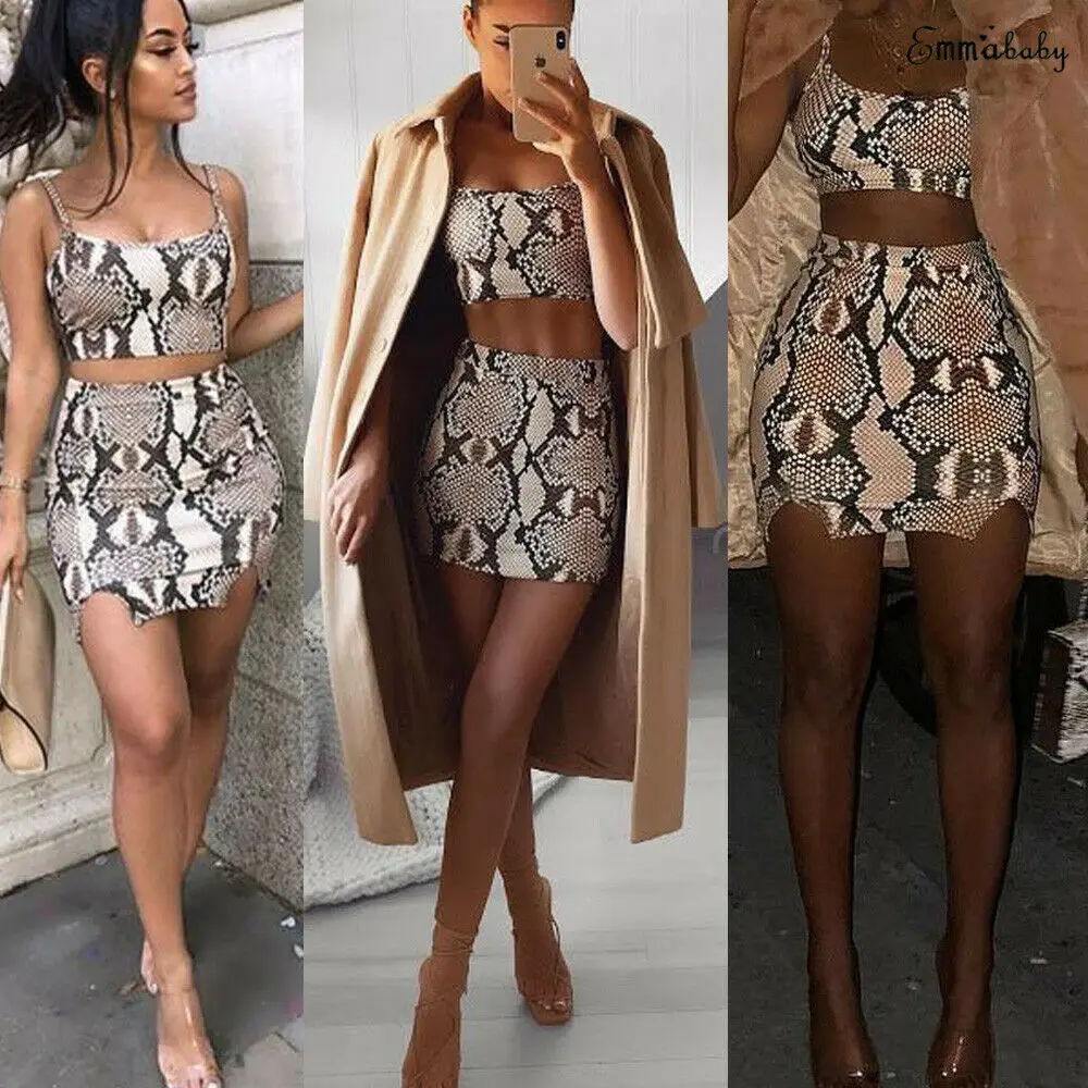 

Women Sexy Sleeveless Snakeskin Print Crop Bodycon Mini Skirt Set Female Fashion Sexy Club Party Outfits Women Set
