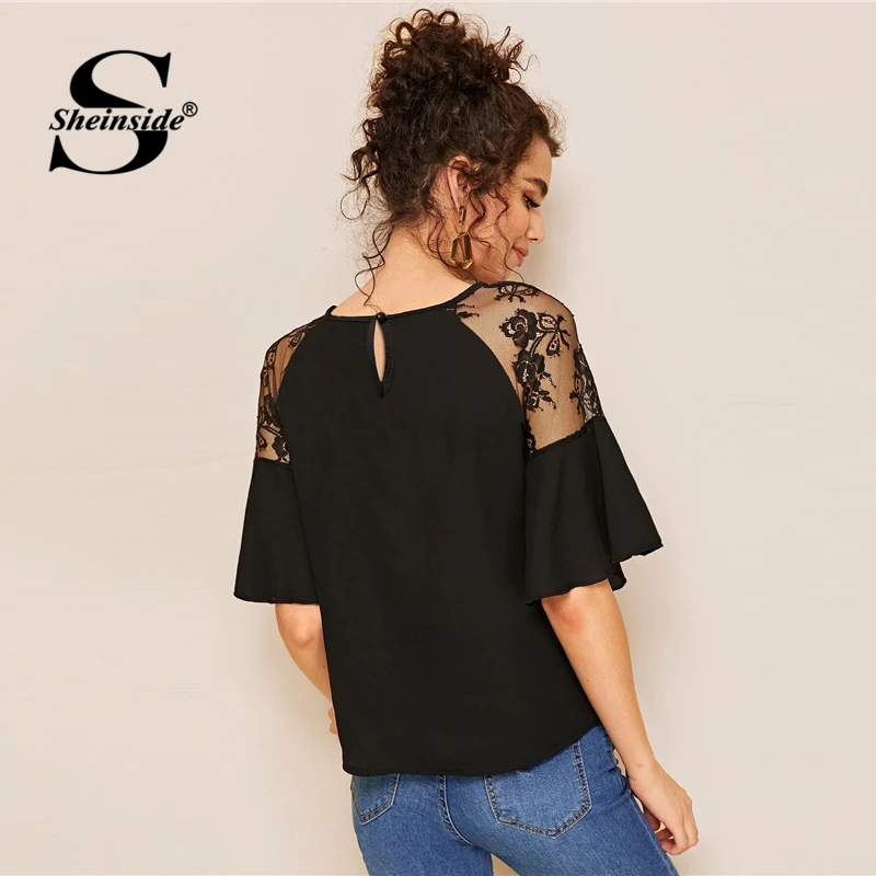 Sheinside Black Contrast Lace Trim Patchwork Blouse Women Summer Flounce Sleeve Blouses Ladies Solid Half Sleeve Top