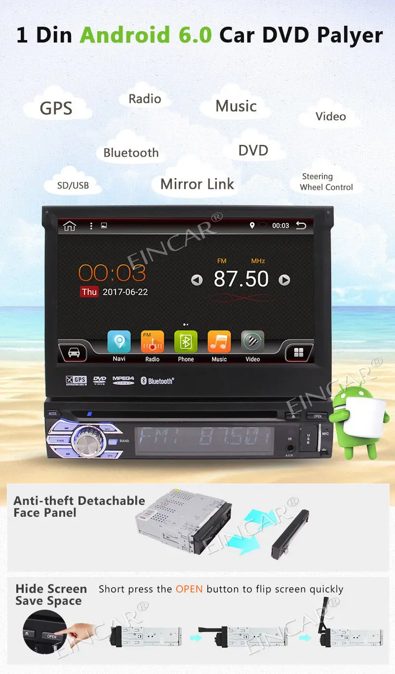 7 дюймов Android 6 0 откидной автомобильный dvd плеер стерео радио одиночный DIN 4 ядерный
