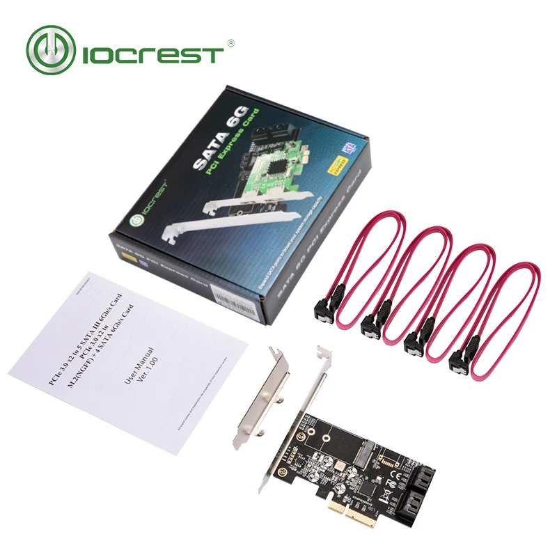 Внутренний 4-портовый интерфейс IOCREST без Raid SATA III 6 ГБ/сек. с M.2 B-Key 22x42 Pci-E X4 Карта