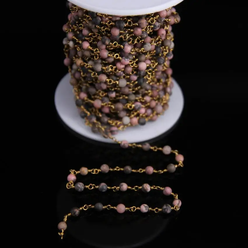 

Natural Rhodochrosite Stone Rosary Chain,Brass Wire Wrapped Rhodonite 4mm Matted Round Bead Chain,DIY Necklace bracelets Jewelry