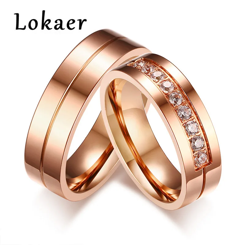Lokaer элегантные свадебные Обручение кольца для пара розового золота Цвет Нержавеющая сталь кубического циркония кольца ювелирные изделия Anneau JCR054R