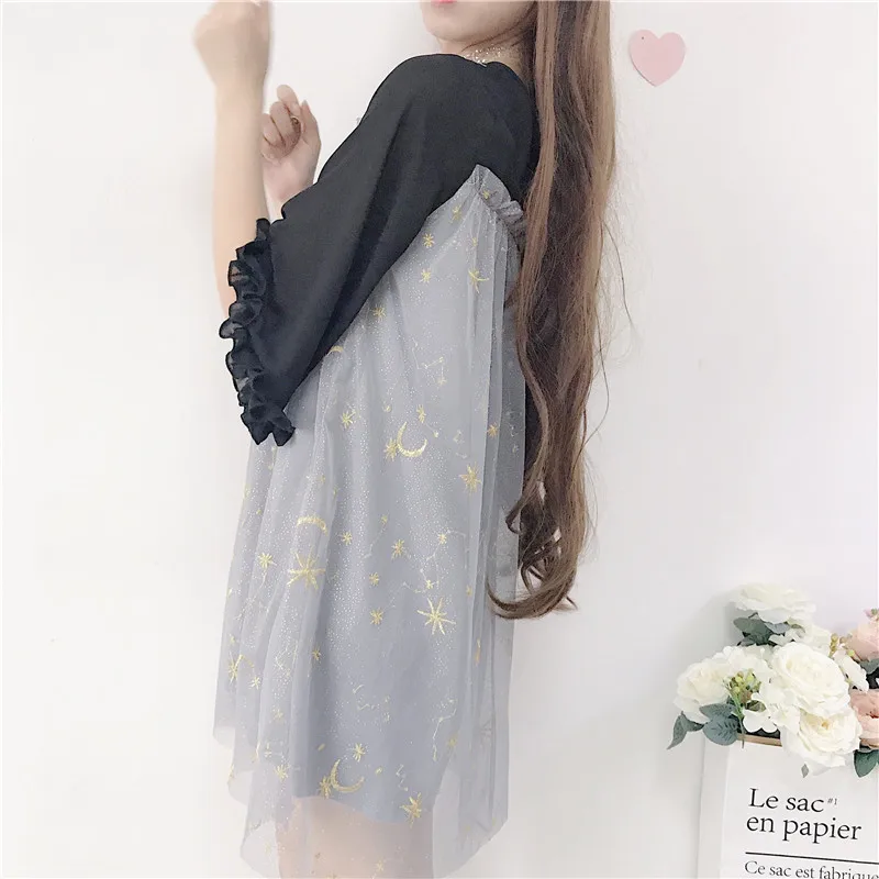 Sweet Girl Women's Fall Fake-Two-Piece Mini Dress One Piece Net Yarn Star Embroidery 2018 Autumn Fairy Kei Flare Sleeve | Женская