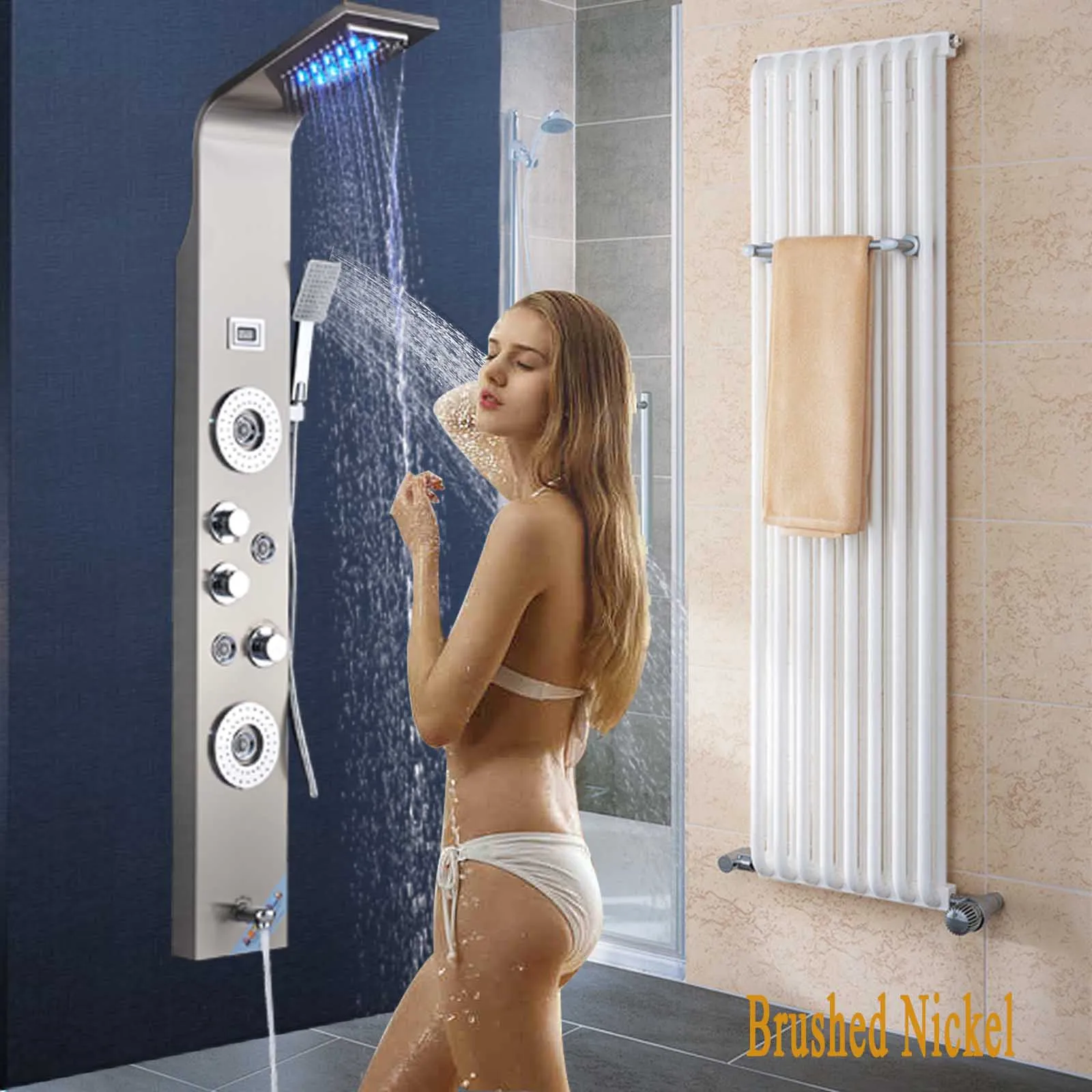 Brushed nickel Brushed Nickel Thermostatic Shower Panel Column LED rain waterfall Shower Faucet 4 Massage jets with Tub Spout and Hand Shower - Цвет: Brushed nickel