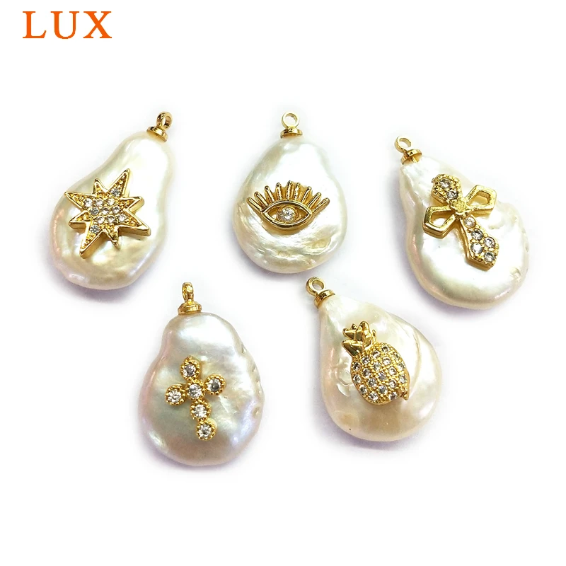 

Natural Pearl cubic zirconia pendant White Coin Pearl micro CZ pave copper charm gold color plated DIY necklace jewelry findings