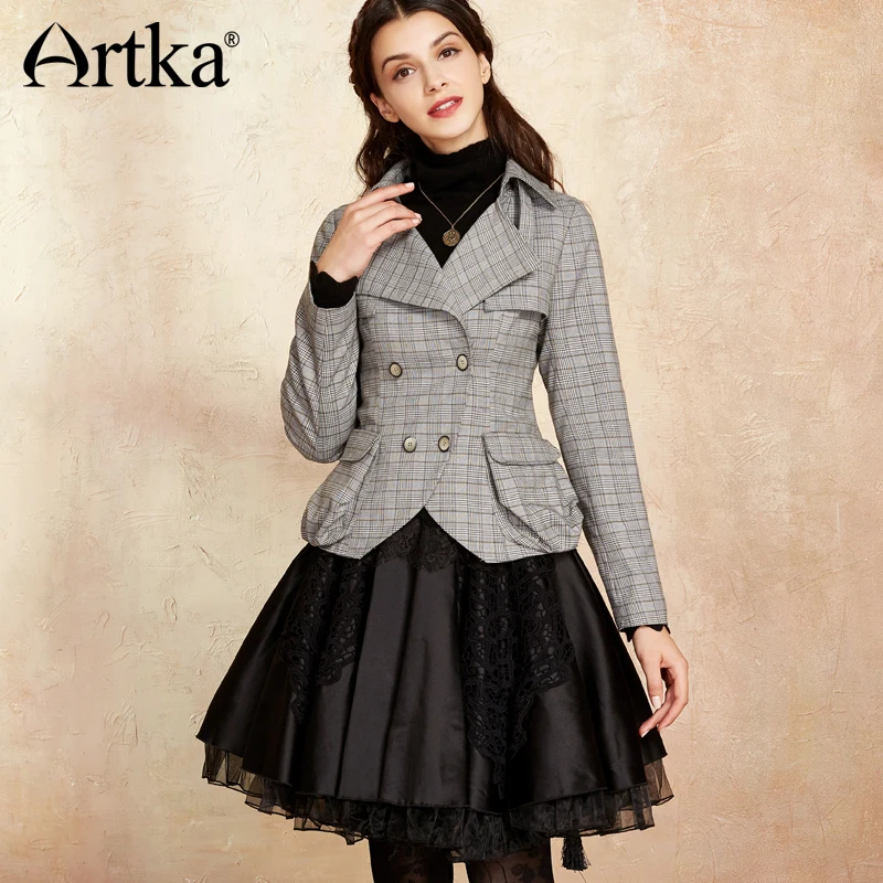 ARTKA/2018 осенне-зимнее винтажное короткое пальто в черно-белую клетку с отложным