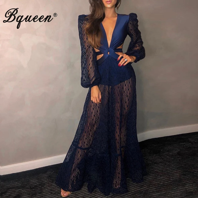 Bqueen Sexy Deep V Split Full Sleeve Women Dress Fashion Loose Floor Length Hollow Out Vestidos | Женская одежда