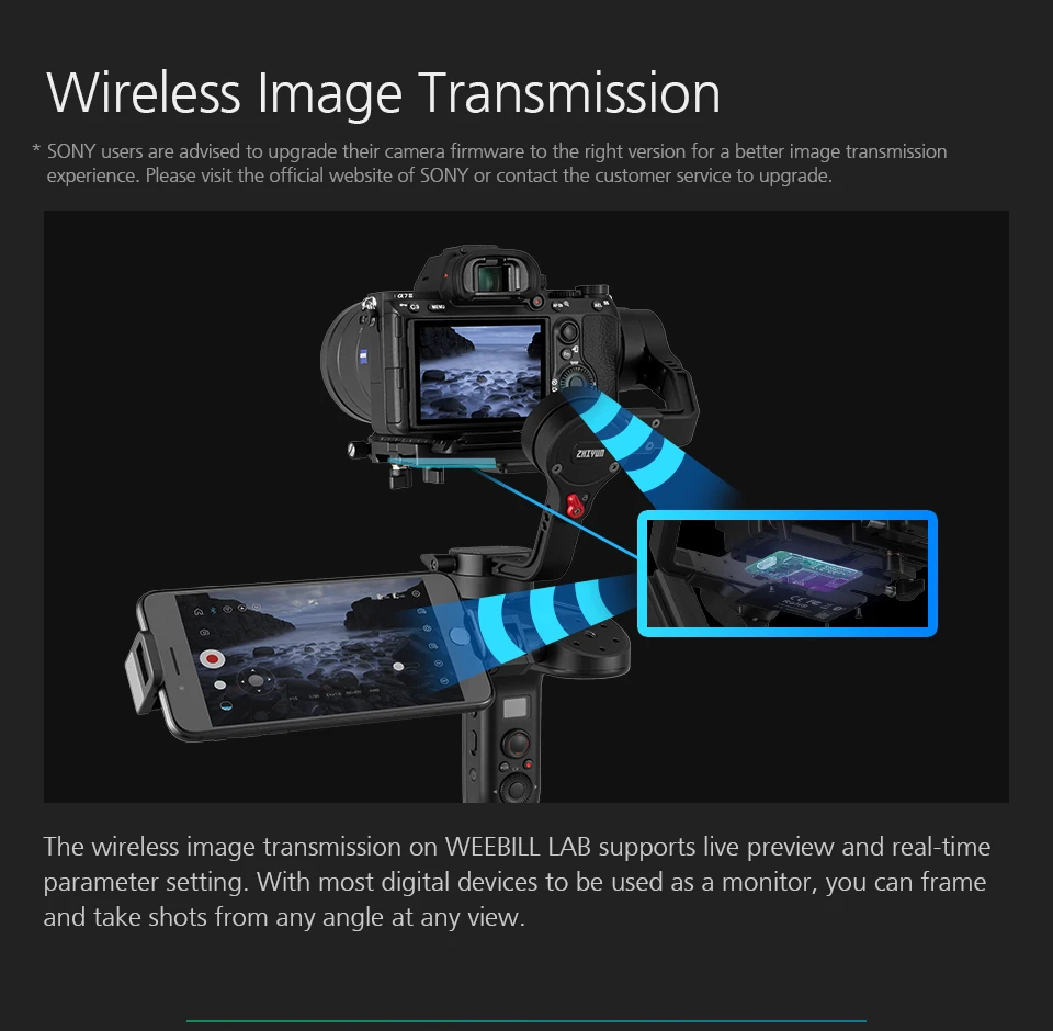 Zhiyun weebill лаборатории 3-осевой Беспроводной изображение передачи Камера Стабилизатор Для беззеркальных Камера OLED Дисплей портативный монопод с шарнирным замком