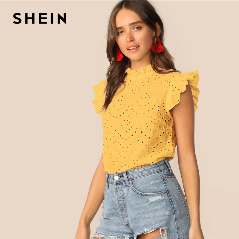 SHEIN модный топ с рюшами, вышивкой и ушками, Boho, белый, розовый, однотонный, без рукавов, со стоячим воротником, блузка, Женские топы и блузки