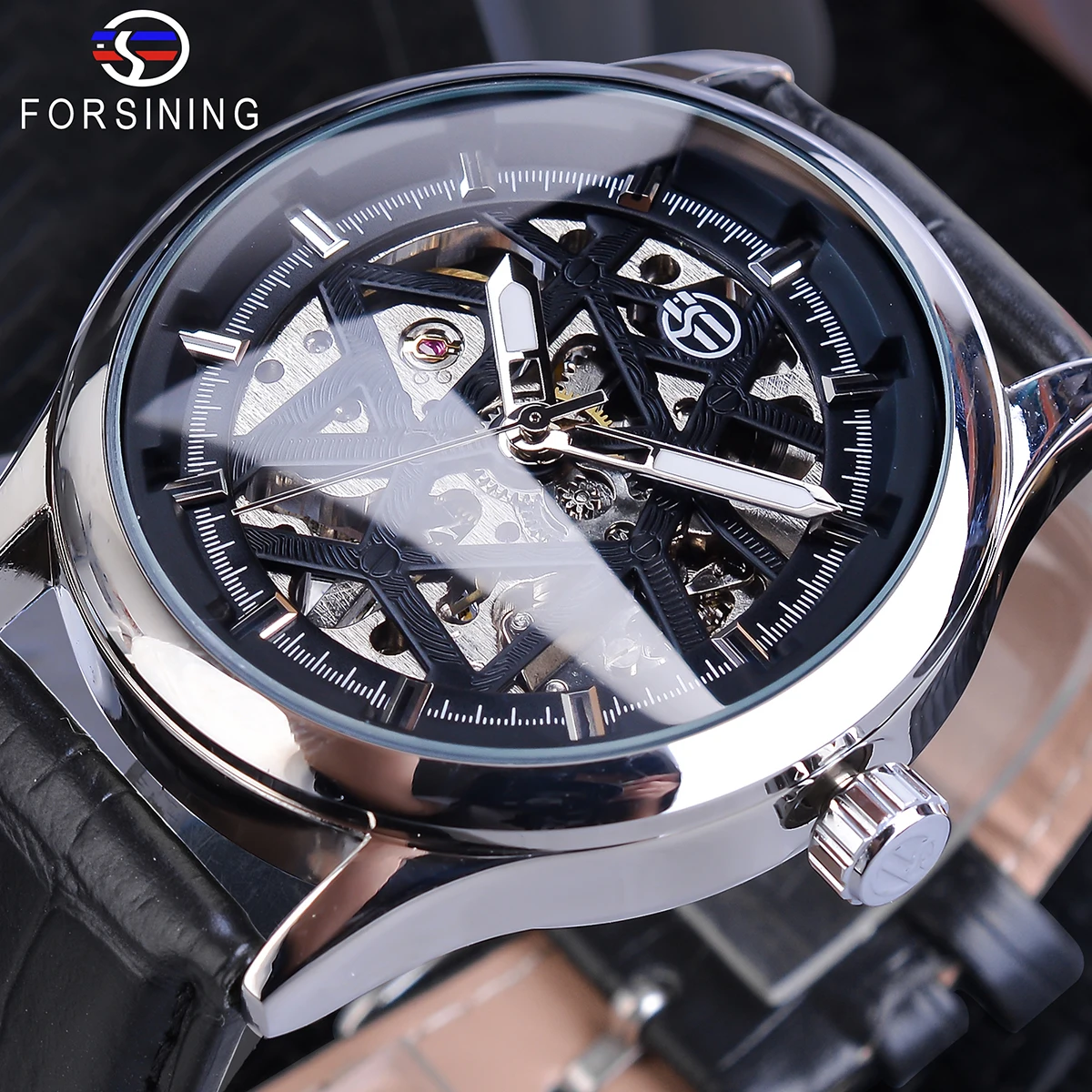 

Forsining Mens Black Skeleton Mechanical Watches Leather Strap Hollow Luminous Hand Winding Wristwatch Male Hours Relogio Clock