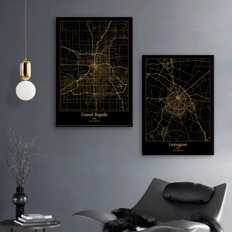 Карта города США Лас-Вегаса черная и Золотая карта Современная холщовая
