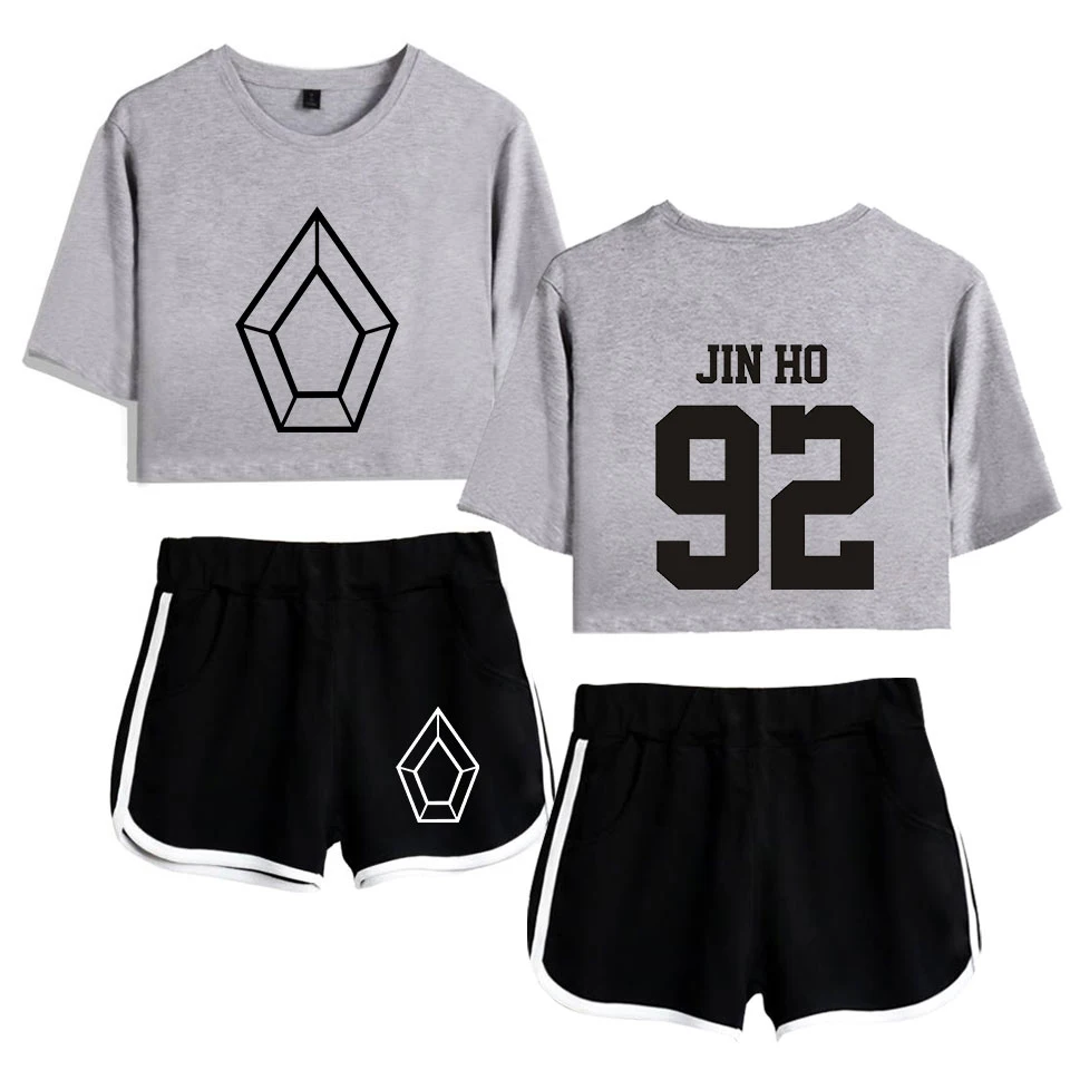 Hot Pentagon YED ONE 96 Exposed Navel white t shirt +black shorts women's two-piece sets Fashion suit | Женская одежда