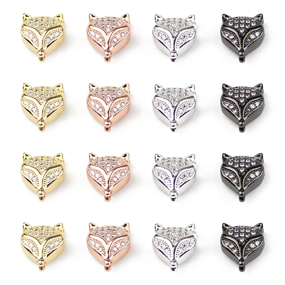 

BTFBES 4pcs Two Sides Fox Pendant Material Copper Micro Pave Zircon Beads Charms Animal Head Loose Beads Jewelry Bracelet Making