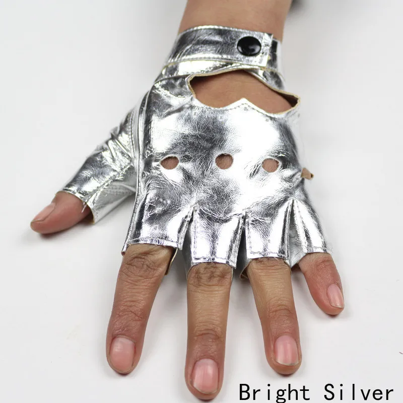 Bright Silver Longkeperer 1 пара Мода PU половина пальца вождения шоу Джаз женские перчатки без пальцев перчатки для женщин черные серьги SXJ80 - Цвет: Bright Silver