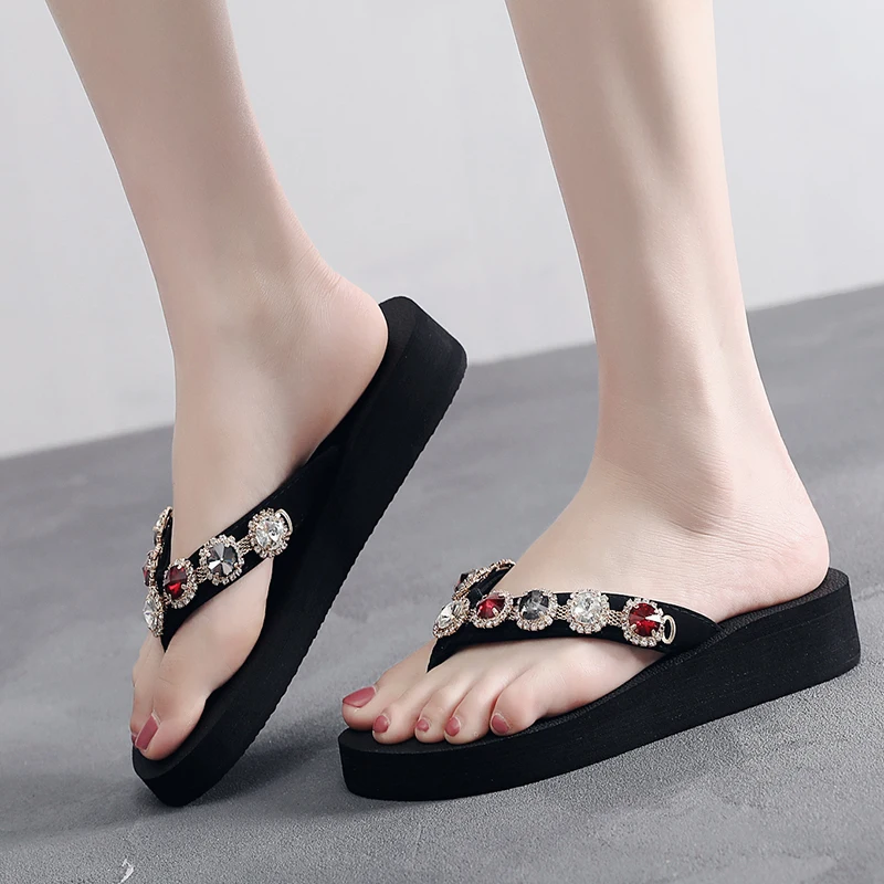 Женские богемные шлепанцы Adisputent пляжные на танкетке с бисером и цветами Летние