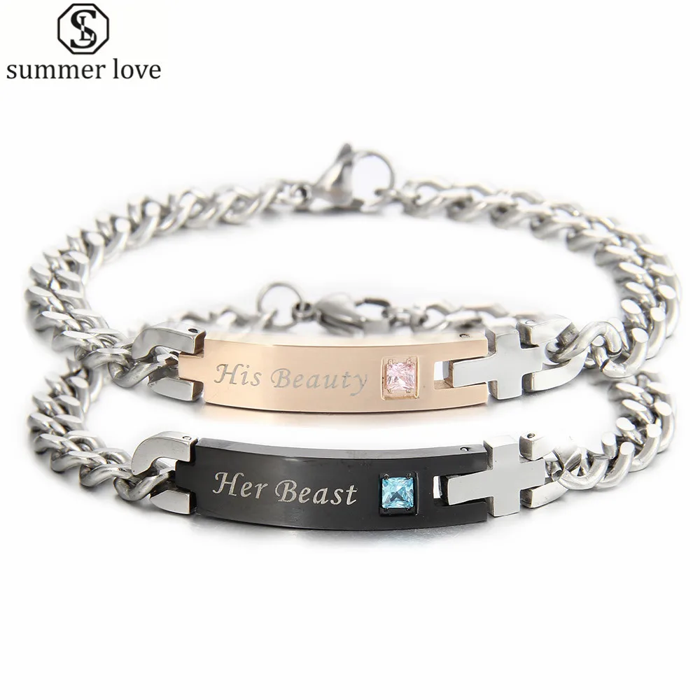 Couple Bracelet Stainless Steel Bangles Fashion Jewelry Lovers Men Women Gifts Her Beast His Beauty Queen King Bracelets | Украшения и