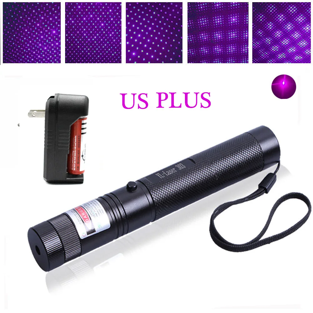Purple laser us Зеленая лазерная указка мощная красная лазерная синяя указка смотровое устройство Регулируемый фокус Lazer 303, выберите зарядное устройство и 18650 аккумулятор - Цвет: Purple laser us