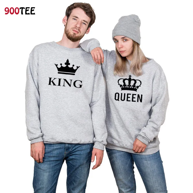 Модные Парные толстовки с капюшоном длинным рукавом принтом King Queen женский