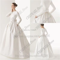 vintage elegant scoop neck long sleeve sash bow pockets ball gown long white muslim wedding dress 2022 vestido