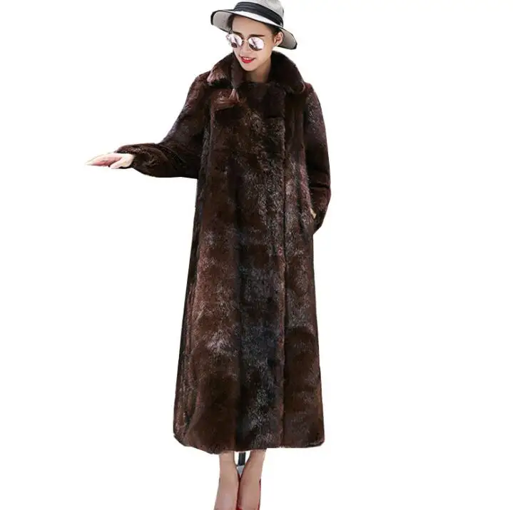 Autumn faux mink leather jacket womens coats winter thicken warm fur leather long trench coat women slim jackets fashion brown