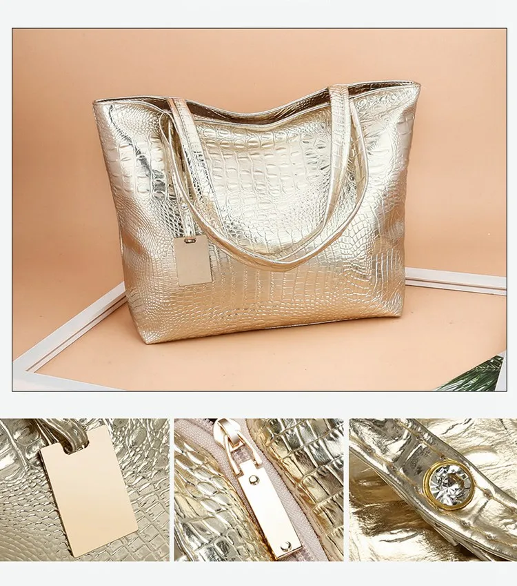 Brand Fashion Casual Women Shoulder Bags Silver Gold Black Crocodile Handbag PU Leather Female Tote Bag Ladies Hand Bag KL585