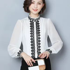 Женская шифоновая блузка с вышивкой, винтажная шифоновая блузка с длинным рукавом-фонариком и воротником-стойкой, весна 2020