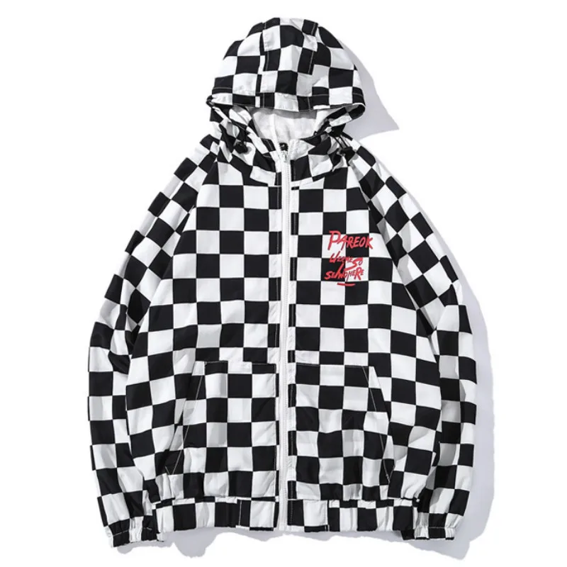 Черный белый цвет плед ветровка для мужчин куртка с капюшоном хип хоп скейтборд