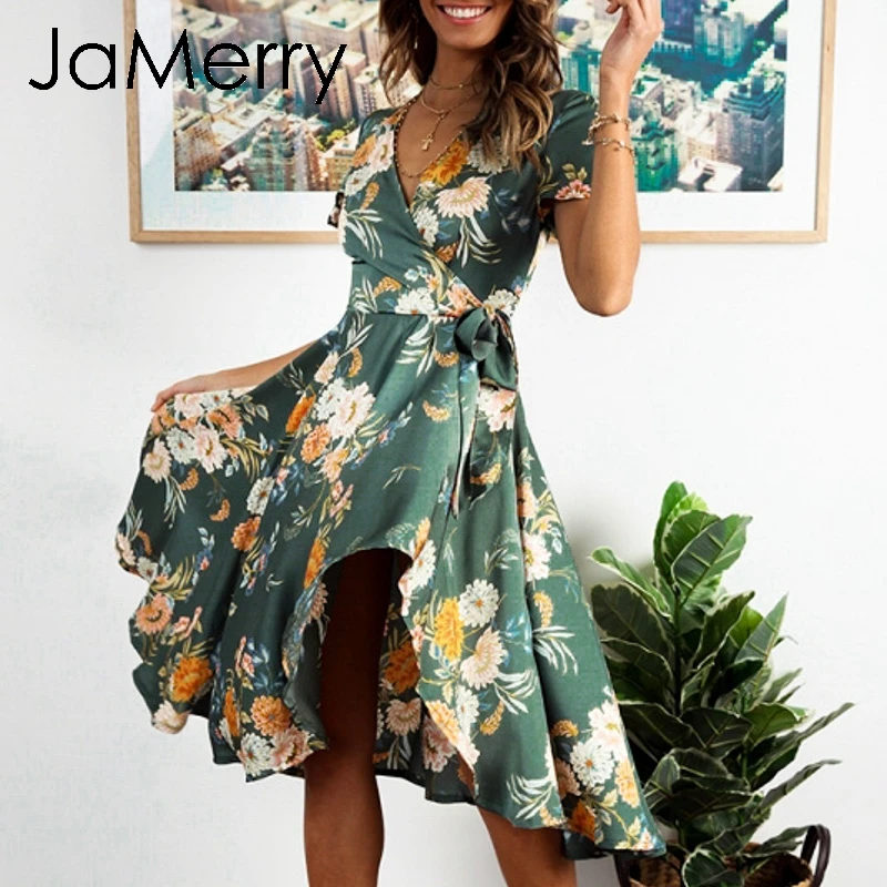 JaMerry Boho, винтажное, сексуальное, цветочный принт, женские платья, высокая талия, летнее, миди платье, элегантное, с рюшами, для девушек, для вечеринки, vestidos