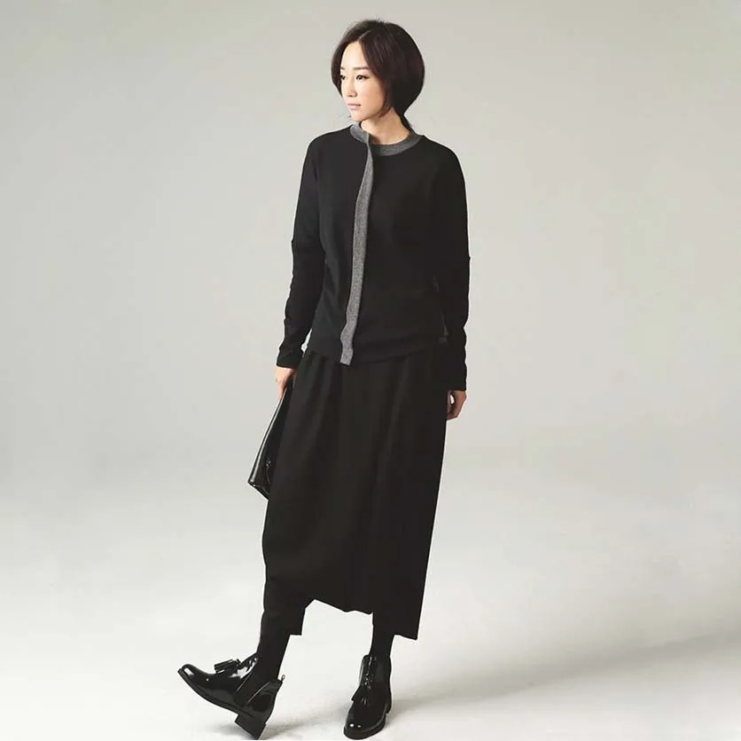 Женские брюки с широкими штанинами однотонные черные весна-осень S-XL | Женская