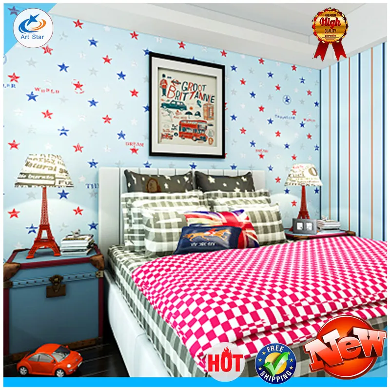 

Free shipping this week for kids room bedroom Art Star blue stripe wallpaper