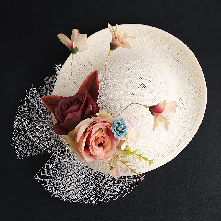 Big Bride Wedding Hat Flower Veil Linen Fascinator Hat Bridemaid Headwear Show Party Hairpin Fashion Women Linen Hat Hair Clips