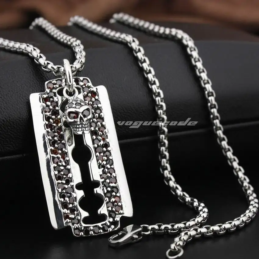 Linsion Лезвия для бритв dogtag Красный CZ Череп стерлингового серебра 925 мужские Байкер