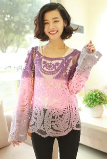 Summer new sweet crochet lace shirt gradient hollow beach sun long sleeve blouse A596 |