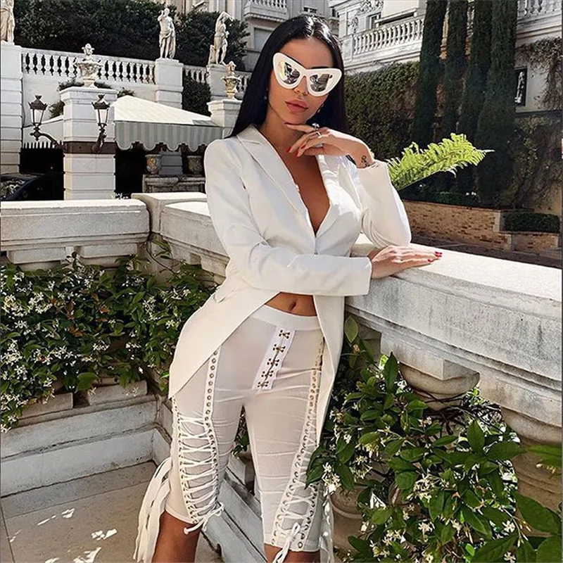 Top Quality White Black Celebrity Long Sleeve Coat Short Two Pieces Sets Fashion Women Sets Party Clothing
