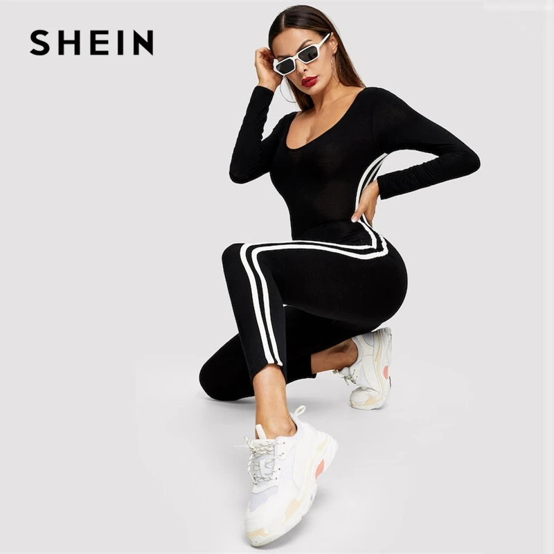 SHEIN Комбинезон В Полоску С Открытой Спиной Женский Черный Спортивный Комбинезон С Длинными Рукавами И Круглым Вырезом
