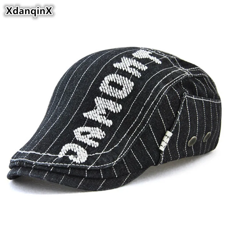 

XdanqinX Denim Cotton Hat Men's Fashion Berets Adjustable Size Letter Embroidery Hats Women's Ponytail Personality Hip Hop Cap