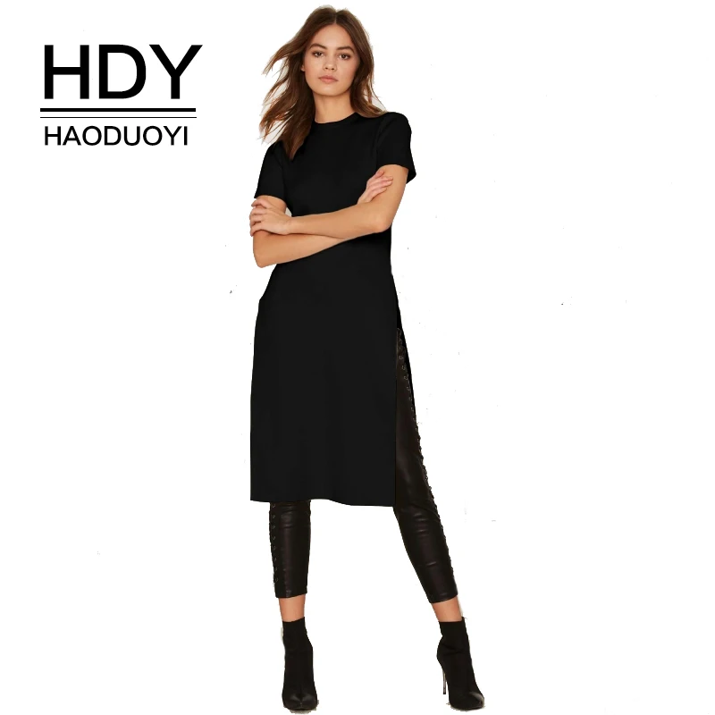 HDY Haoduoyi осень весна Длинная хлопковая футболка с разрезом для женщин Однотонная женская черная /белая футболка свободного кроя с коротким рукавом Длинный топ с о-образным вырезом Повседневный уличный стиль