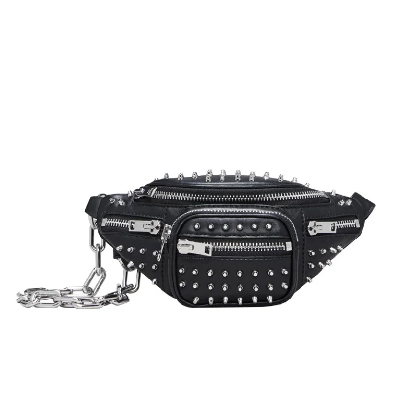 Rivet black Новинка, натуральная кожа, Женская нагрудная сумка, женская черная овчина, диагональная цепочка, сумка на плечо, дамские заклепки, карман, мини-сумки-мессенджеры - Цвет: Rivet black