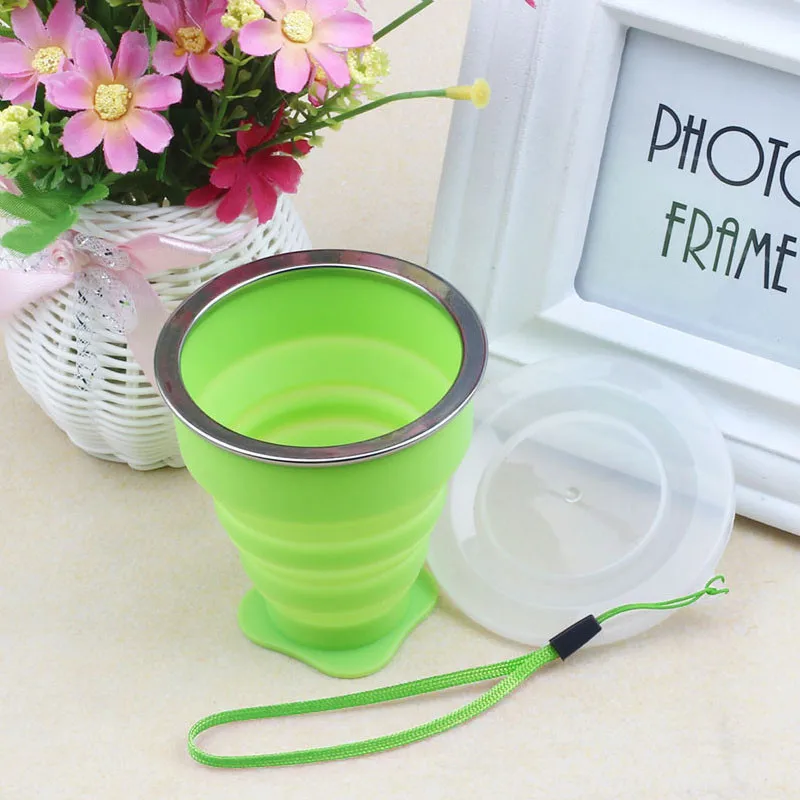Portable Collapsible Metal ring Transparent Cover Cup Creative Outdoor Travel Folding Retractable Drinking Cups 240ml