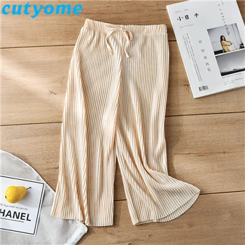 Beige Summer Girl Wide Leg Pant Toddler Kids Casual Loose Trouser Child Pleated Chiffon Pants Teenage Girls Clothing Leggings 12 13 14 - Color: Beige
