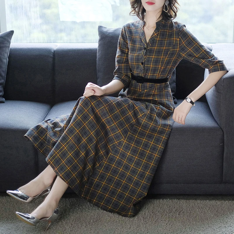 Женская одежда 2018 Новая Осенняя мода клетчатая печать v-образным вырезом платье