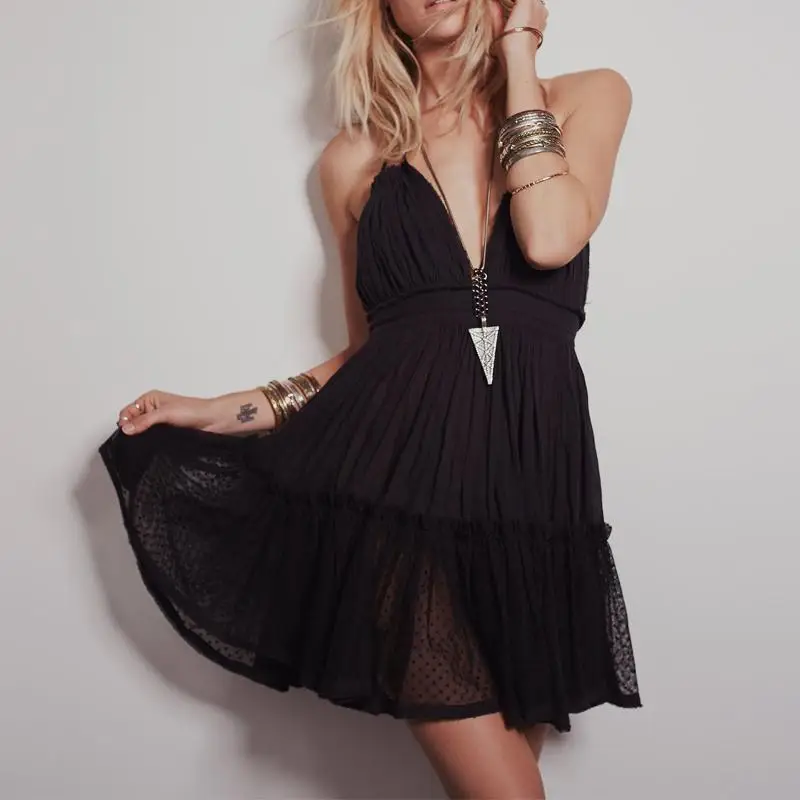 Однотонное кружевное мини-платье с v-образным вырезом летнее сексуальное
