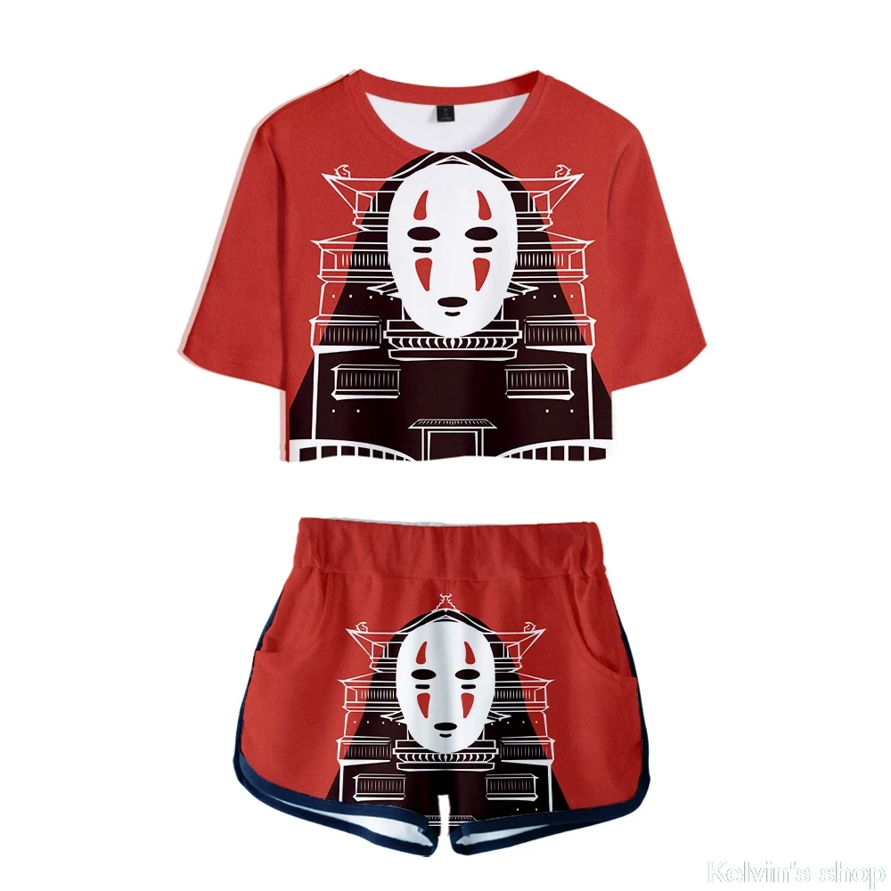 2019 Hot Sale New Spirited Away japaness Women Two Piece Set Shorts and shirts sexy Navel tshirt K-pops sets Plus Size Crop Top | Женская