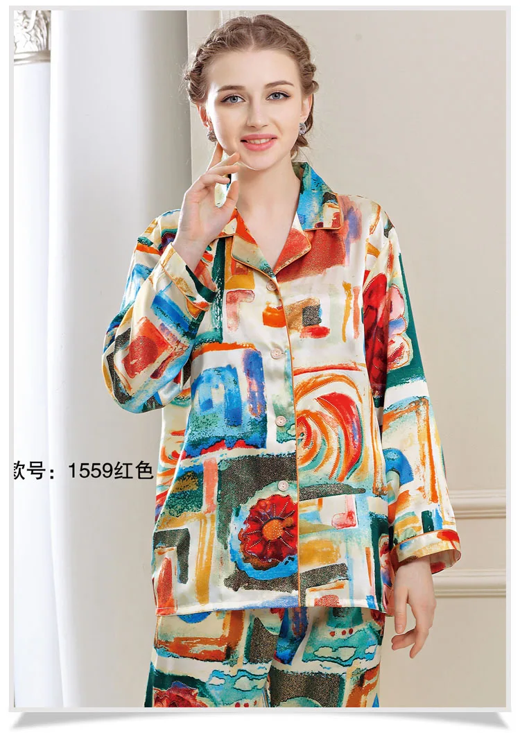 Art, 100% mulberry silk Printed silk women's small lapel pajamas long-sleeved pants suit