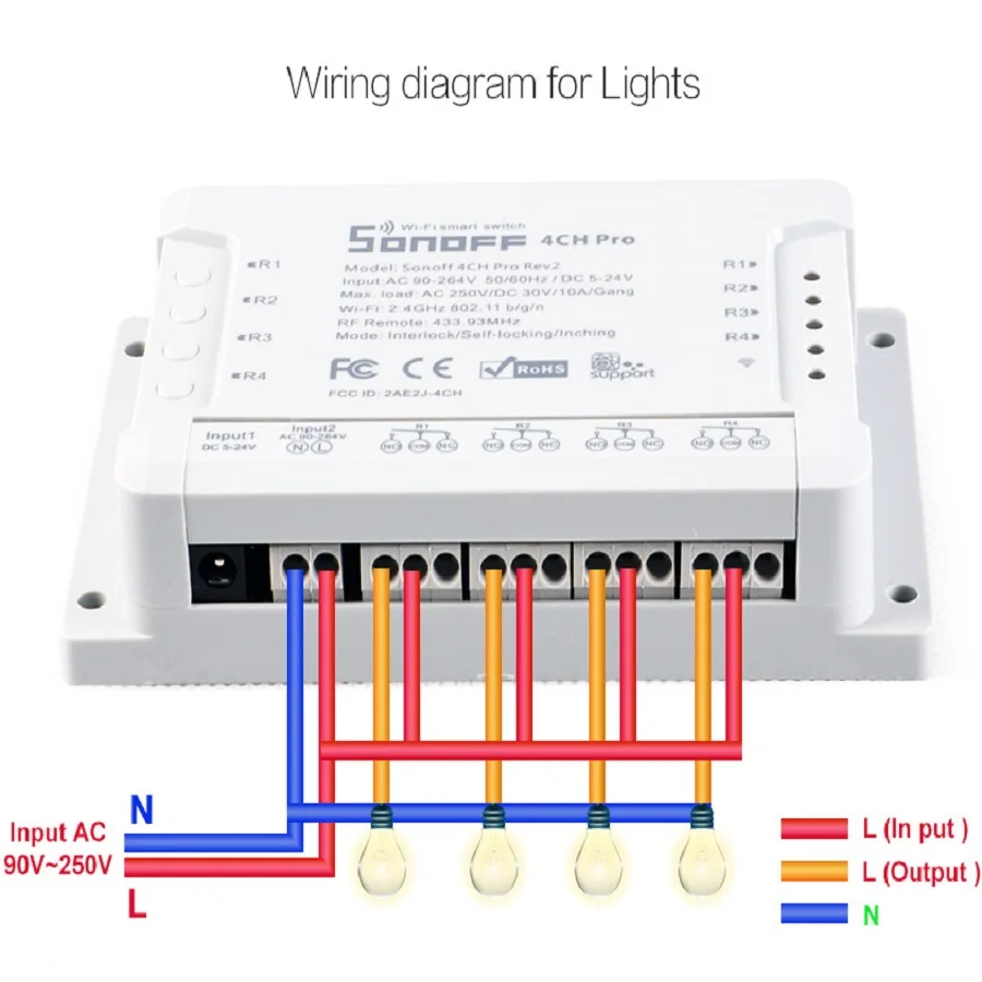 Интеллектуальный выключатель света SONOFF 4CH Pro R2 10A 2200 Вт 433 МГц RF